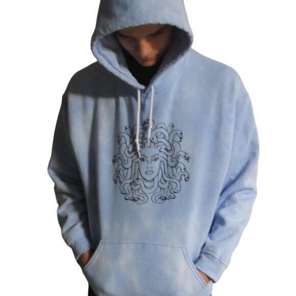 Mythcore Medusa Graphic Blue Tie Dye Hoodie Handmade XL - Picture 1 of 7